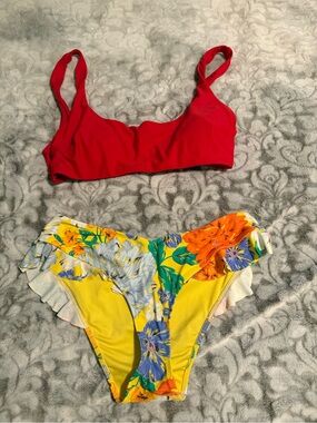 aerie Red Bikini Top with Yellow Floral Bikini Bottoms